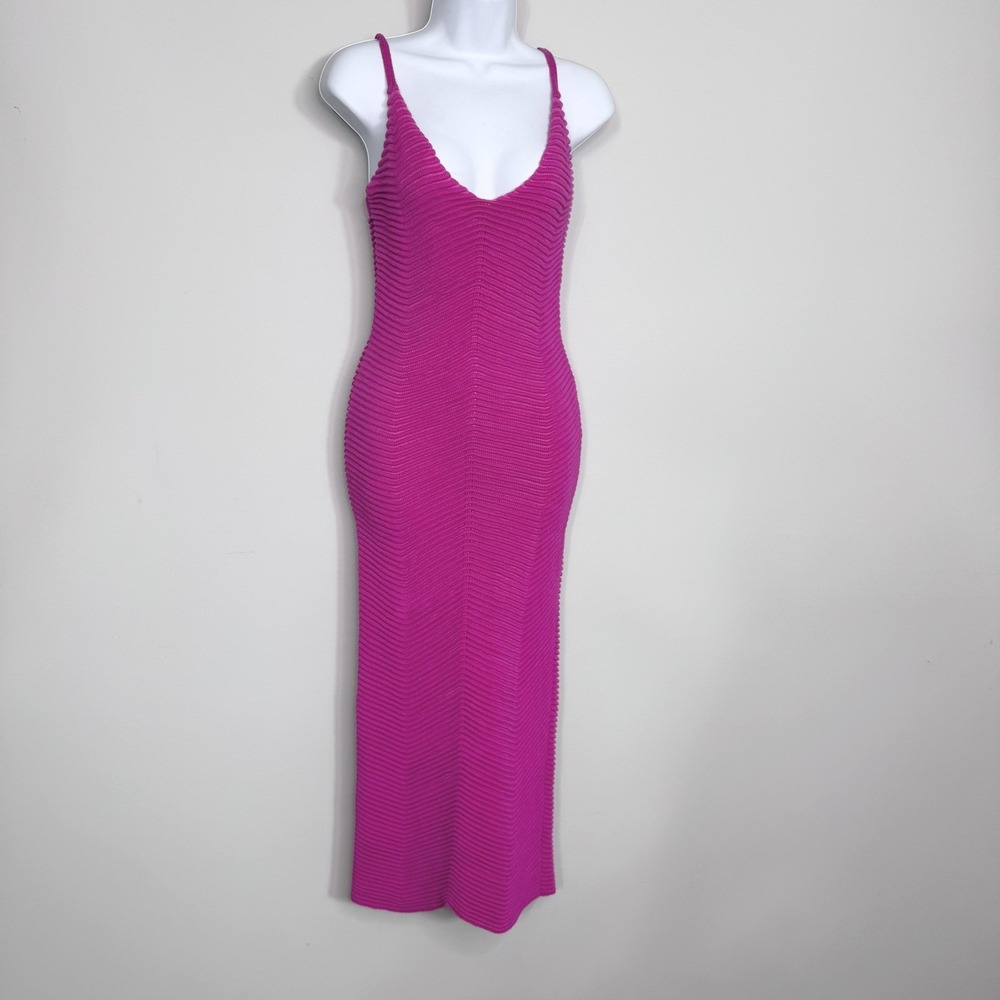 RNWY Dress Womens Small Pink Ribbed Knit Stretch Bodycon Maxi V Neck Sleeveless